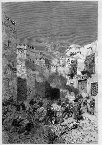 Tunisia, July 1881: French troops took the city of Stax following the revolt of the inhabitants against the French protectorate of Tunisia. Marine rifles smoke Arab houses located at the foot of the casbah (kasbah) - Engraving by De Haenen in 