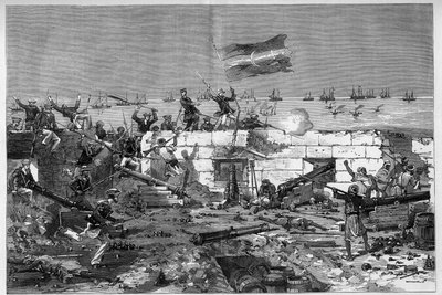 Tunisia, July 1881: French troops took the city of Stax following the revolt of the inhabitants against the French protectorate of Tunisia. Marine rifles take off the circular battery. Engraving by De Haenen in 