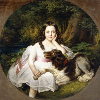 A Young Girl Resting in a Landscape with Her Dog by Frederich August Kaulbach