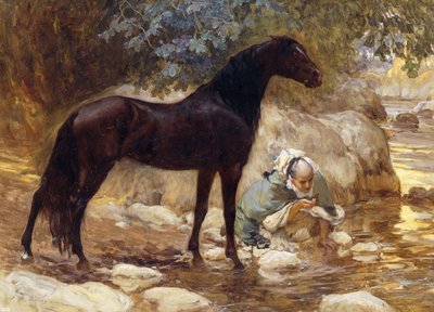 An Arab Watering His Horse by a River by Frederick Arthur Bridgman