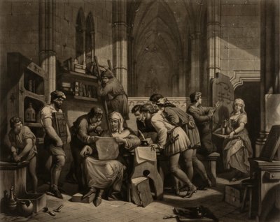 William Caxton Examining First Proof Sheet from His Printing Press in Westminster Abbey, A.D. 1474 by Frederick Bacon