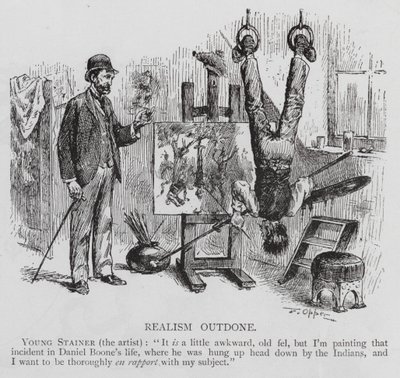 Artist painting Daniel Boone captured by Native Americans and hung upside down by Frederick Burr Opper