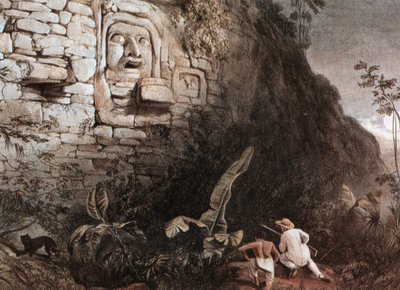 Hunter and His Guide Before the Mayan Head of Itzam Na by Frederick Catherwood