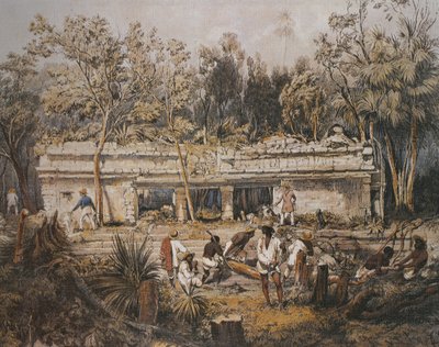 The archaeologists Frederick Catherwood and John Lloyd Stephens measuring the temple of Tulum, Yucatan, Mexico, illustration from 
