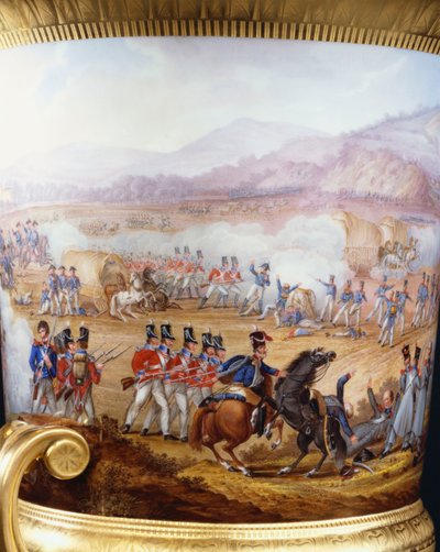 Detail from a Berlin gold-ground slender campana vase and plinth of Wellington Service type, dated 1817, painted with a scene of the Battle of Vittoria, 1817 by Frederick Christian Lewis