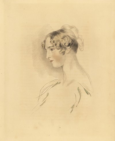 Portrait of Mary Isabella Bloxam as a young woman, niece to Sir Thomas Lawrence. Engraving by Frederick Christian Lewis after an illustration by Sir Thomas Lawrence from P.G. Patmore’s Cabinet of Gems by Frederick Christian Lewis