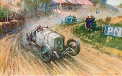 Lautenschlager with the German Mercedes and Boillot with the French Peugeot in their great struggle during the 1914 Grand Prix by Frederick Gordon (after) Crosby
