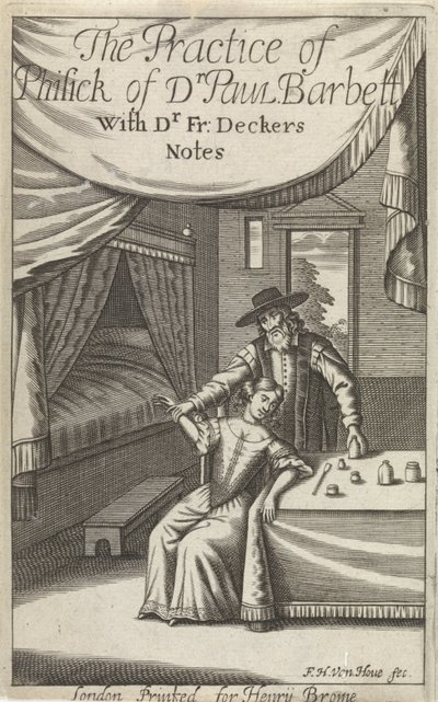 Doctor with Young Woman in an Interior (Title Page for: Dekkers, F., The Practice of Phisick of Dr. Paul Barbett) by Frederick Hendrick van den Hove
