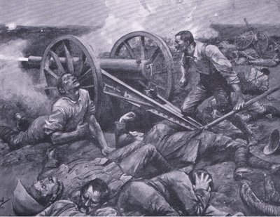 The defence of Dewetsdorp: working a 15 pounder single handed (illustration from After Pretoria: The Guerilla War) by Frederick Judd Waugh