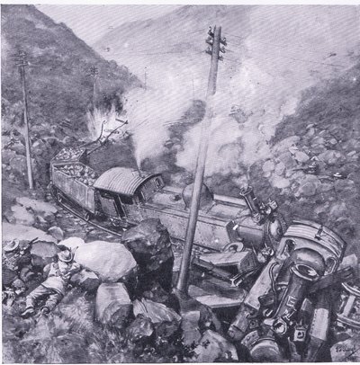 The wrecking of an armoured train near Vlakfontein (illustration from After Pretoria: The Guerilla War, 1902) by Frederick Judd Waugh