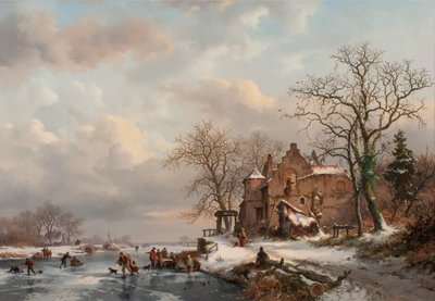 A Winter Landscape with Skaters on a Frozen River by Frederick Marianus Kruseman