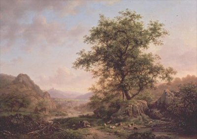 Wooded Landscape with Peasants and Animals on Path by Frederick Marianus Kruseman