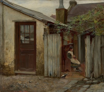 Girl with Bird in Front of King Street Bakery by Frederick McCubbin