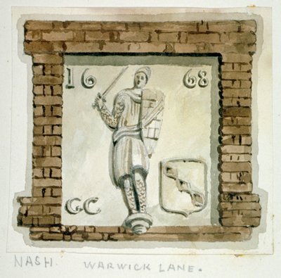 Effigy of Guy, Earl of Warwick, on the wall of a house in Warwick Lane, City of London, c1820 by Frederick Nash