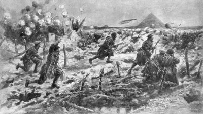 A British attack using the bayonet and grenade, Neuve-Chapelle, France, 10 March 1915, 1926 by Frederick Villiers