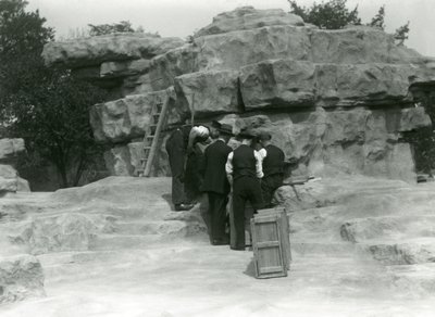 A group of keepers unpacking Sacred Baboons among the rocks of 