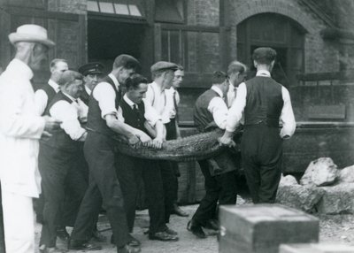 A team of men carrying an Alligator watched over by Sir Peter Chalmers Mitchell, London Zoo, 1924 by Frederick William Bond