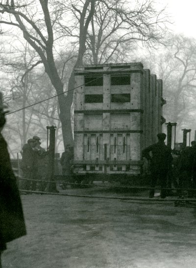 Transporting female Asian Elephant Lukhi in a wooden crate, London Zoo, 1923 by Frederick William Bond