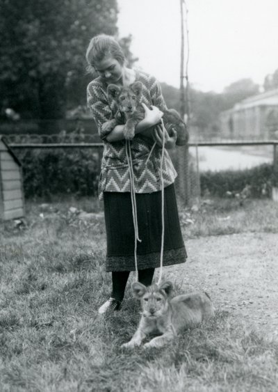 Lion Cubs with Young Woman at London Zoo, August 1925 by Frederick William Bond