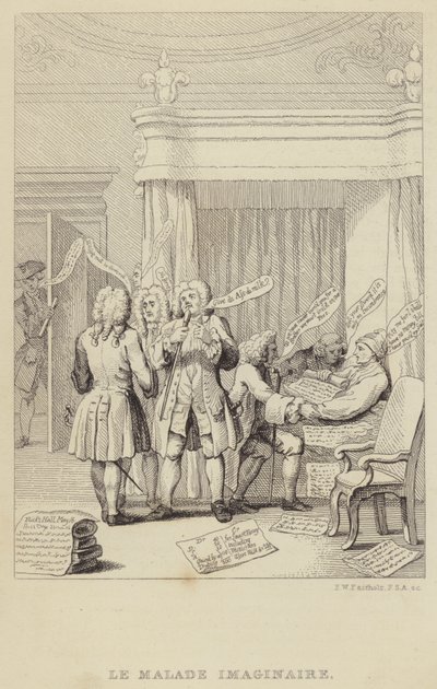 Le Malade Imaginaire: satire depicting author and botanist John Hill in bed being consulted by a range of physicians all determined to secure their fees by Frederick William Fairholt