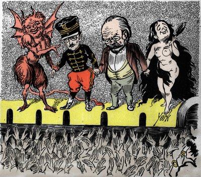 Rehabilitation of Dreyfus: the conclusion, the protagonists are applauded by the audience. From left to right, the devil who led the case, Captain Alfred Dreyfus, Emile Zola and the Nude True. York satirical vignette. by Frederick York