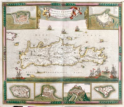 Map of the Island of Crete, with Views of the Fortified Towns La Cane and Heraklion and the Fortresses of Spinalonga, Retino, Thine and Souda by Frederick de Wit