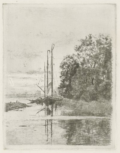 River View with Two Ships and a Boat by Fredericus Jacobus van Rossum du Chattel (signed by artist)