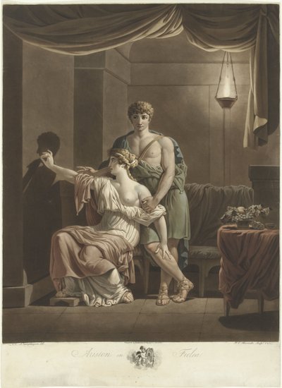 Philea drawing the portrait of her beloved Ariston using the shadow of his profile on the wall by Frederik Christiaan Bierweiler