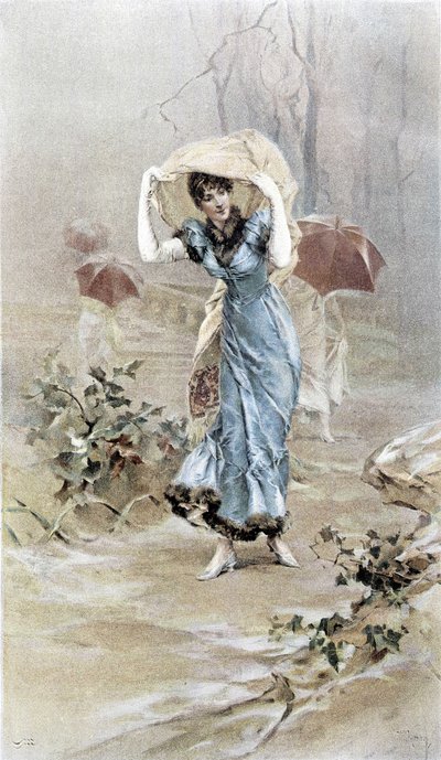Woman protecting herself from the rain - allegory of early autumn, calendar illustrated by Hubert Dys, painted by F.H. Kaemmerer by Frederik Hendrik Kaemmerer