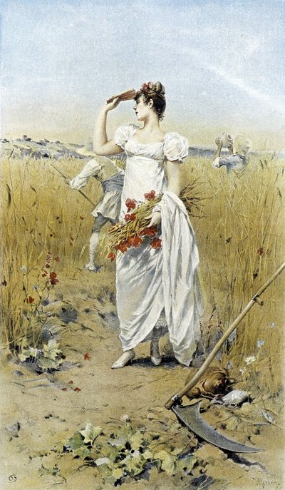 Woman with wheat and poppies - late summer allegory, calendar illustrated by Hubert Dys, painted by F.H. Kaemmerer by Frederik Hendrik Kaemmerer