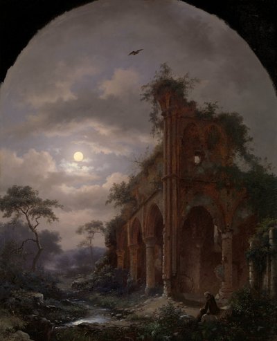 Monk Meditating near a Ruin by Moonlight by Frederik Marinus Kruseman (signed by artist)
