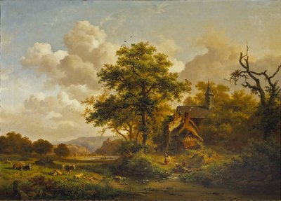 A Tranquil Landscape with Women Washing by a Stream and Cattle and Sheep Resting by Fredrik Marinus Kruseman
