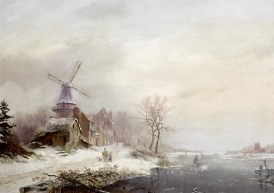 Winter Landscape with Hamlet, Windmill and Figures by Fredrik Marinus Kruseman