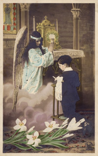Boy Taking First Communion, Attended to by Guardian Angel by French Photographer
