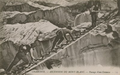 Chamonix - the ascent of Mont Blanc. Climbers passing a crevice. Postcard sent in 1913 by French Photographer