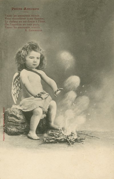 Cherub sitting by a fire by French Photographer