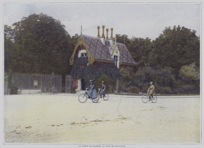 Cyclists riding past the Porte de Madrid in the Bois de Boulogne, Paris by French Photographer