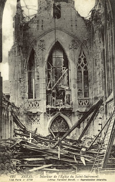 Damaged interior of the Church of Saint-Sacrement, Arras, France, World War I by French Photographer