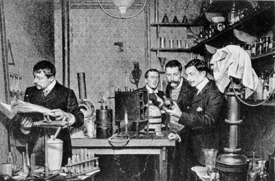 Directors of the Society of Alchemy and Astrology of France in their laboratory, 1903 by French Photographer