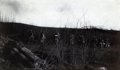 First World War: a group of soldiers marching on Rocour (Saint Quentin) (Aisne) by French Photographer