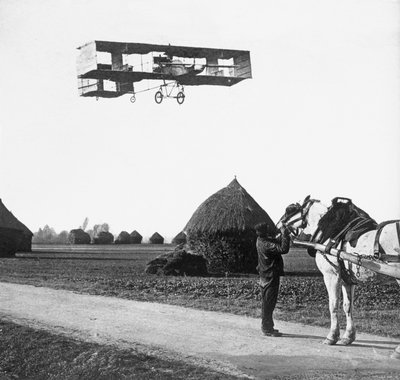 Flight by Henri Farman (1874-1958) from Chalons to Reims, 1908 by French Photographer