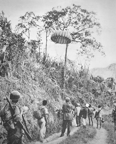 French and Vietnamese Soldiers Recover Supplies Parachuted to Them, During the Siege of Dien Bien Phu, November 1953-May 1954 by French Photographer