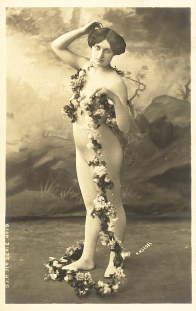 Girl in Body Stocking Holding Garland of Flowers by French Photographer
