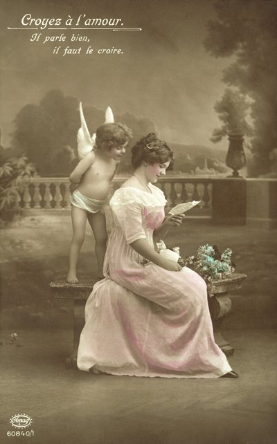 Girl Reading a Love Letter, with Cupid Looking Over Her Shoulder by French Photographer