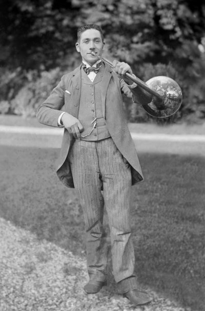 Portrait of a Horn Player, of the Band of Bourmont en Haute Marne, in the Garden of the Abbey of Septfontaines. Photography Late 19th Century. Ducos Collection by French Photographer