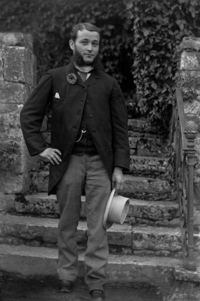 Portrait of a Young Man from Bourmont in Haute Marne, Wearing the Cockade of Conscripts at the Buttonhole, Posing in the Garden of the Abbey of Septfontaines. Photography Late 19th Century. Ducos Collection by French Photographer