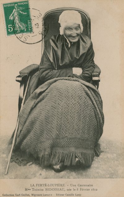 Postcard of a Centenarian, Madame Therese Bedoiseau, La Ferte-Loupiere, 1913 by French Photographer