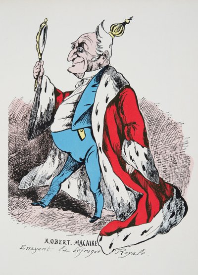 Robert Macaire - trying on the Royal outfit, from History of the Third Republic, Vol. I, Political History, pub.1933 by French Photographer