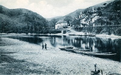 The banks of the Lot in Veillevie, Cantal, Auvergne: boat navigation postcard, early 20th century by French Photographer