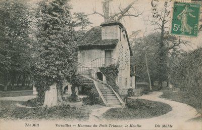 The mill at Hameau de la Reine, a rustic retreat built for Marie Antoinette in the park of the Chateau de Versailles near the Petit Trianon. Postcard sent in 1913 by French Photographer